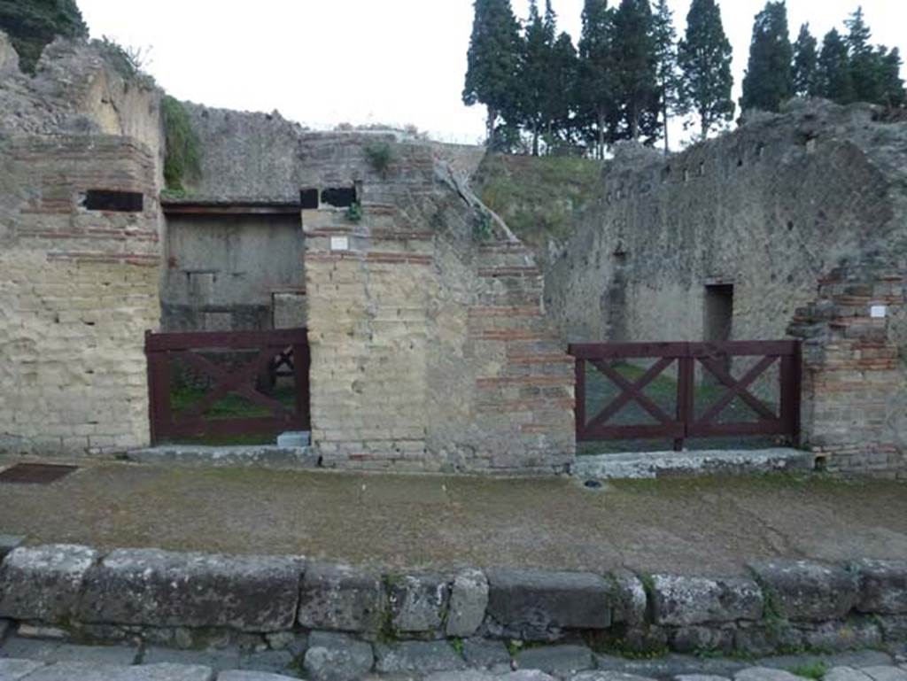 Ins. Or. II.14, Herculaneum, on right. October 2012. Looking east to entrance doorways, with Ins.Or.II.15, on left. Photo courtesy of Michael Binns.